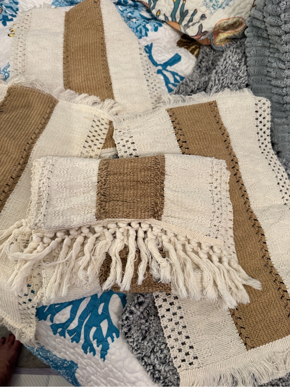 Handwoven Cream and Tan Striped place mats with a runner with Fringe
